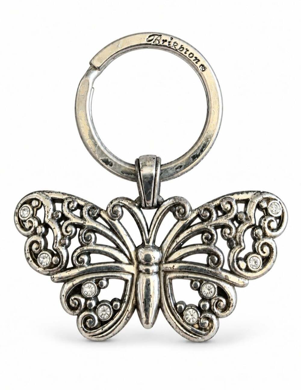 Brighton Butterfly Keychain Silver Tone Crystal Rhinestone Purse Bag Charm Fob